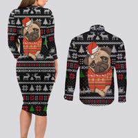 Lovely Pug Dog Christmas Couples Matching Long Sleeve Bodycon Dress and Long Sleeve Button Shirt Xmas Holiday Patterns - Wonder Print Shop
