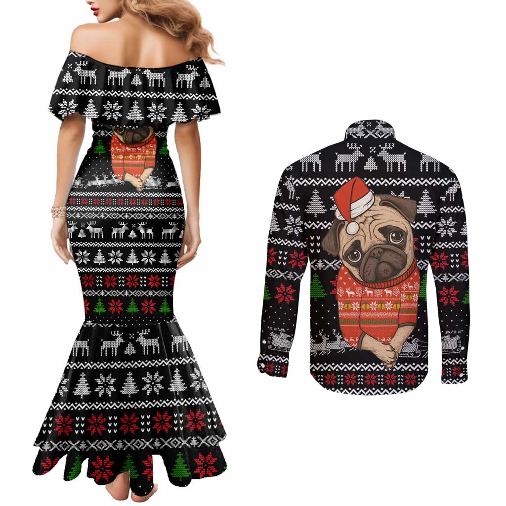 Lovely Pug Dog Christmas Couples Matching Mermaid Dress and Long Sleeve Button Shirt Xmas Holiday Patterns - Wonder Print Shop