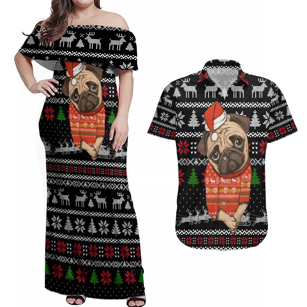 Lovely Pug Dog Christmas Couples Matching Off Shoulder Maxi Dress and Hawaiian Shirt Xmas Holiday Patterns - Wonder Print Shop