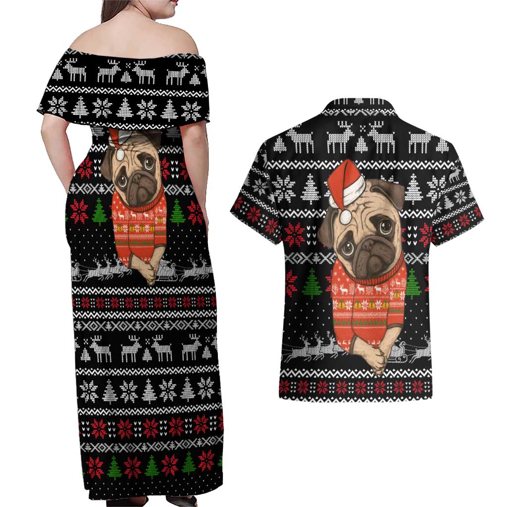 Lovely Pug Dog Christmas Couples Matching Off Shoulder Maxi Dress and Hawaiian Shirt Xmas Holiday Patterns - Wonder Print Shop