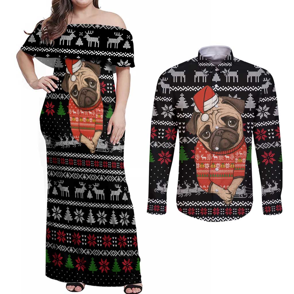 Lovely Pug Dog Christmas Couples Matching Off Shoulder Maxi Dress and Long Sleeve Button Shirt Xmas Holiday Patterns - Wonder Print Shop