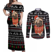 Lovely Pug Dog Christmas Couples Matching Off Shoulder Maxi Dress and Long Sleeve Button Shirt Xmas Holiday Patterns - Wonder Print Shop