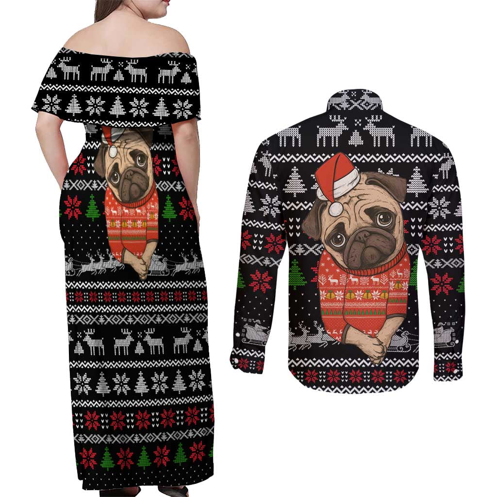 Lovely Pug Dog Christmas Couples Matching Off Shoulder Maxi Dress and Long Sleeve Button Shirt Xmas Holiday Patterns - Wonder Print Shop