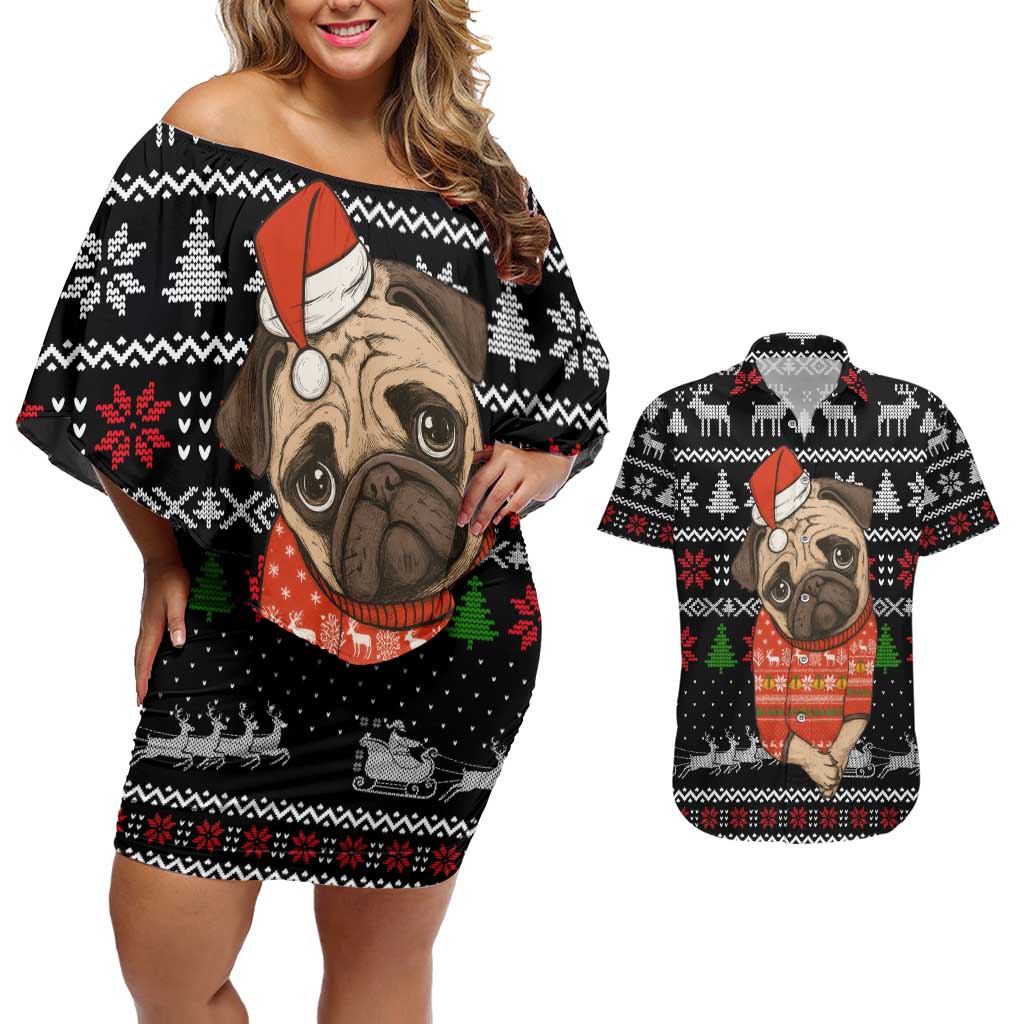 Lovely Pug Dog Christmas Couples Matching Off Shoulder Short Dress and Hawaiian Shirt Xmas Holiday Patterns - Wonder Print Shop