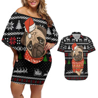 Lovely Pug Dog Christmas Couples Matching Off Shoulder Short Dress and Hawaiian Shirt Xmas Holiday Patterns - Wonder Print Shop