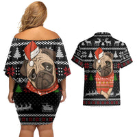 Lovely Pug Dog Christmas Couples Matching Off Shoulder Short Dress and Hawaiian Shirt Xmas Holiday Patterns - Wonder Print Shop