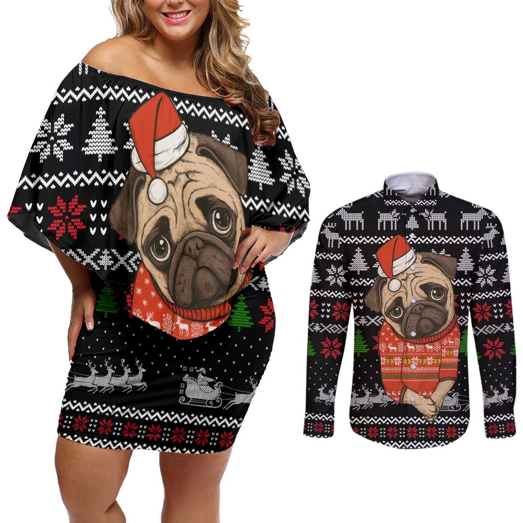 Lovely Pug Dog Christmas Couples Matching Off Shoulder Short Dress and Long Sleeve Button Shirt Xmas Holiday Patterns - Wonder Print Shop