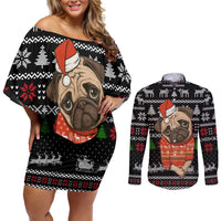Lovely Pug Dog Christmas Couples Matching Off Shoulder Short Dress and Long Sleeve Button Shirt Xmas Holiday Patterns - Wonder Print Shop