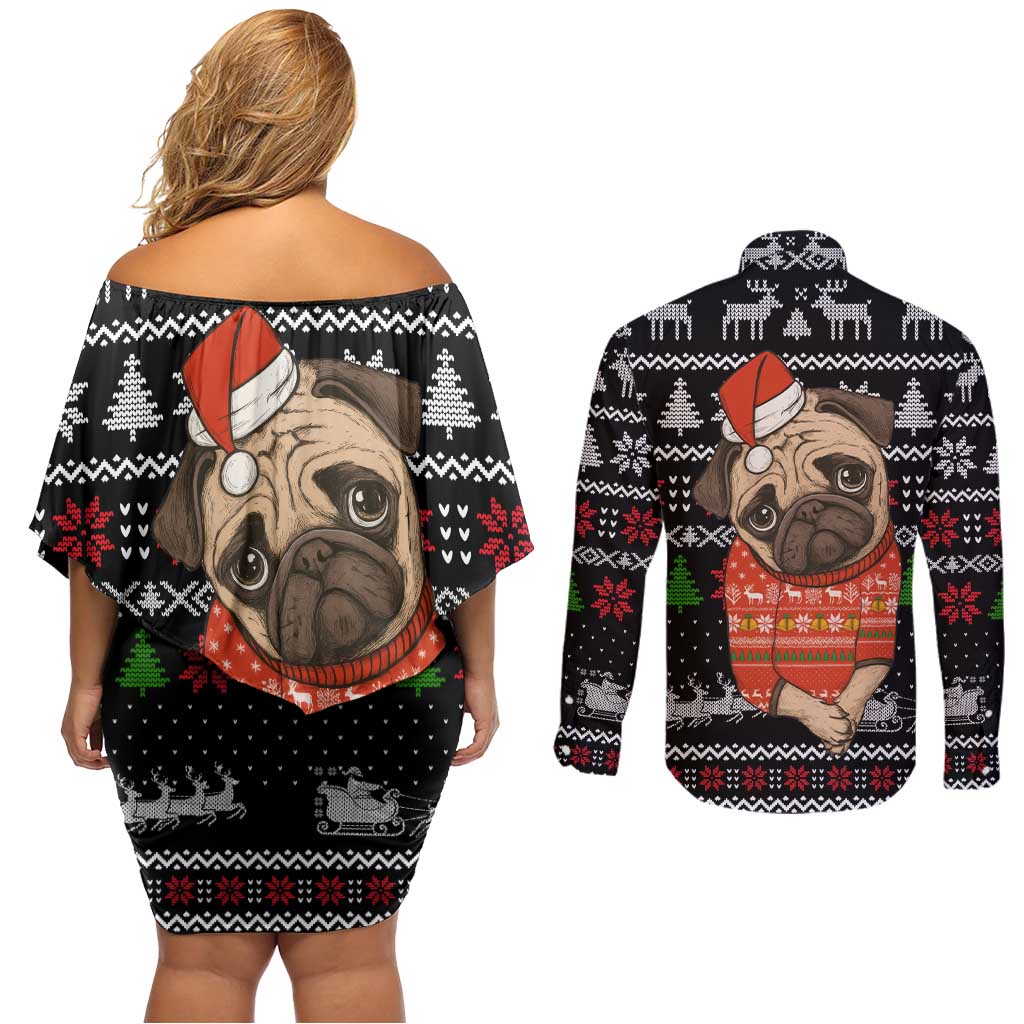 Lovely Pug Dog Christmas Couples Matching Off Shoulder Short Dress and Long Sleeve Button Shirt Xmas Holiday Patterns - Wonder Print Shop