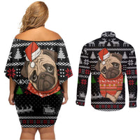 Lovely Pug Dog Christmas Couples Matching Off Shoulder Short Dress and Long Sleeve Button Shirt Xmas Holiday Patterns - Wonder Print Shop