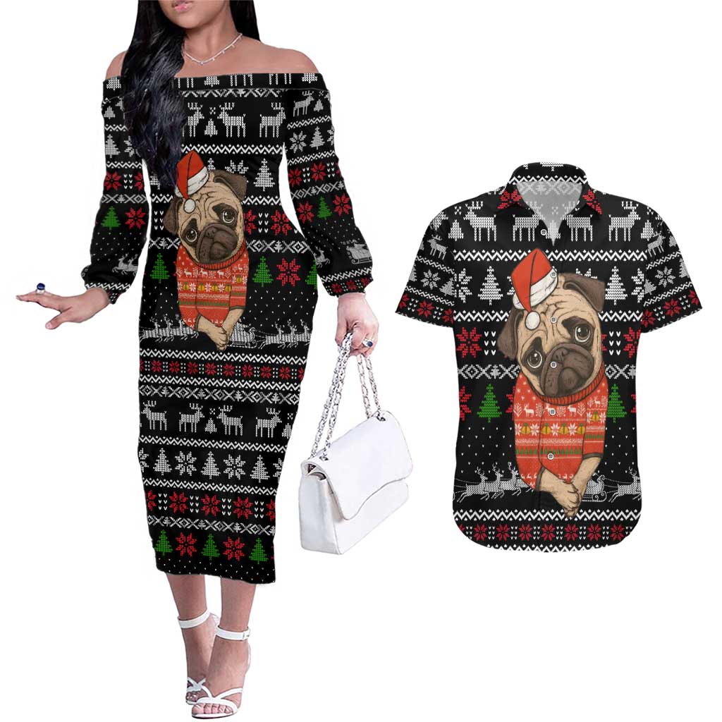 Lovely Pug Dog Christmas Couples Matching Off The Shoulder Long Sleeve Dress and Hawaiian Shirt Xmas Holiday Patterns - Wonder Print Shop