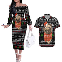 Lovely Pug Dog Christmas Couples Matching Off The Shoulder Long Sleeve Dress and Hawaiian Shirt Xmas Holiday Patterns - Wonder Print Shop