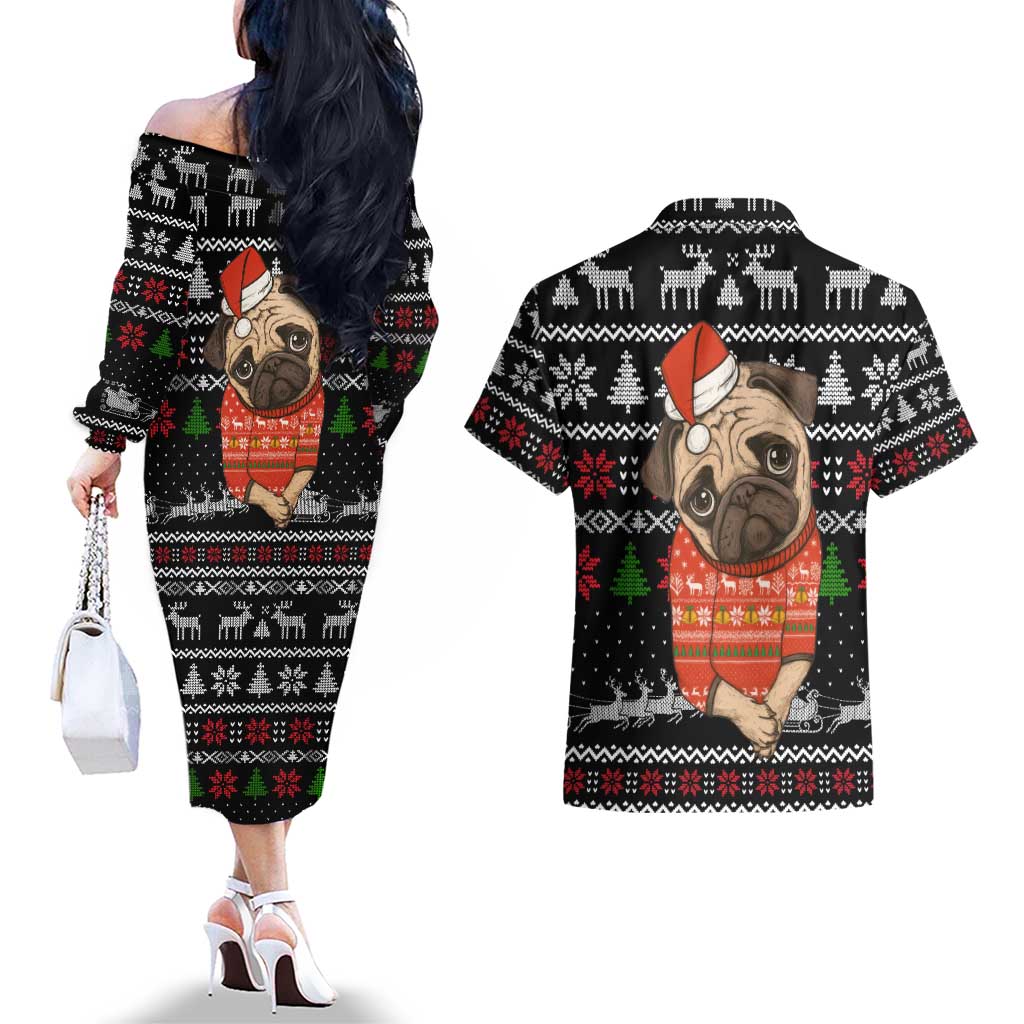 Lovely Pug Dog Christmas Couples Matching Off The Shoulder Long Sleeve Dress and Hawaiian Shirt Xmas Holiday Patterns - Wonder Print Shop