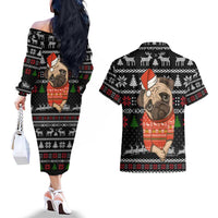 Lovely Pug Dog Christmas Couples Matching Off The Shoulder Long Sleeve Dress and Hawaiian Shirt Xmas Holiday Patterns - Wonder Print Shop