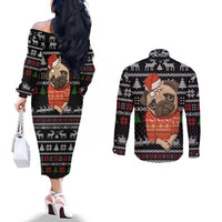 Lovely Pug Dog Christmas Couples Matching Off The Shoulder Long Sleeve Dress and Long Sleeve Button Shirt Xmas Holiday Patterns - Wonder Print Shop