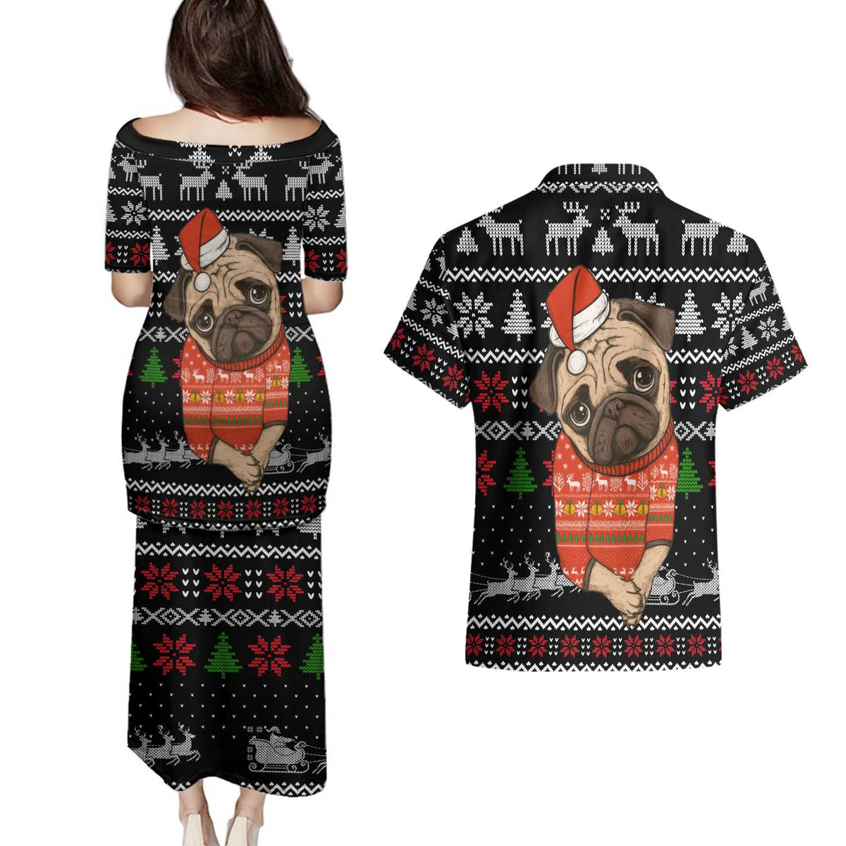 Lovely Pug Dog Christmas Couples Matching Puletasi and Hawaiian Shirt Xmas Holiday Patterns - Wonder Print Shop