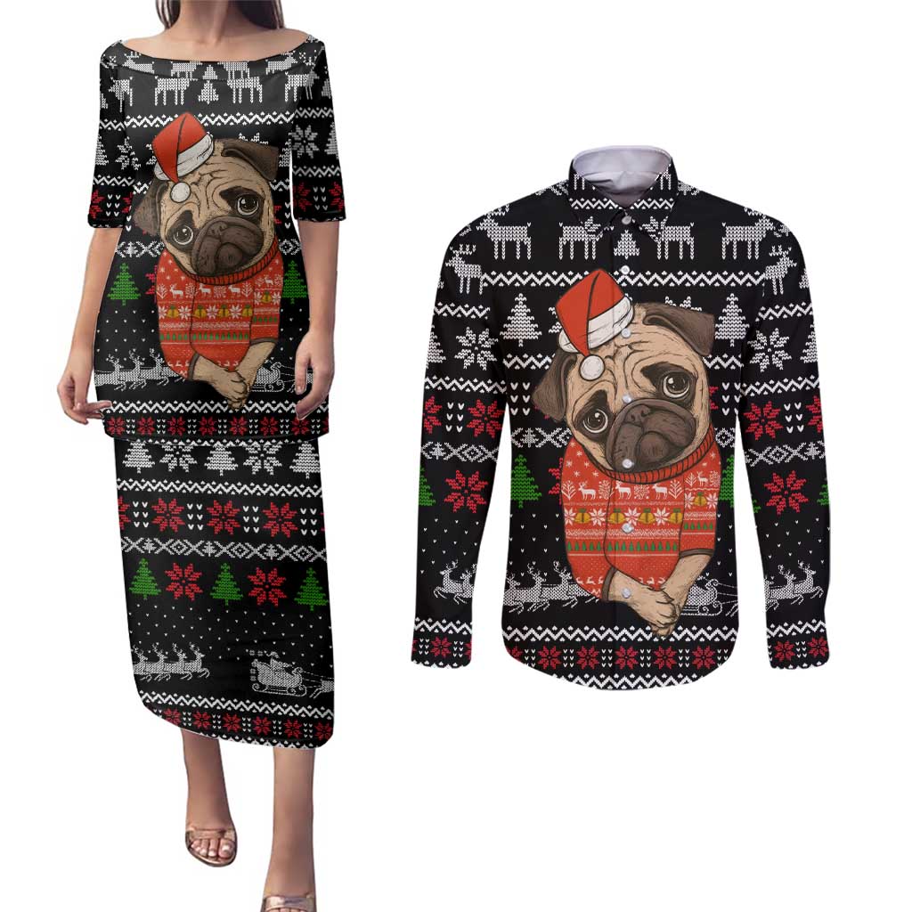 Lovely Pug Dog Christmas Couples Matching Puletasi and Long Sleeve Button Shirt Xmas Holiday Patterns - Wonder Print Shop