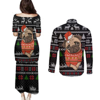 Lovely Pug Dog Christmas Couples Matching Puletasi and Long Sleeve Button Shirt Xmas Holiday Patterns - Wonder Print Shop