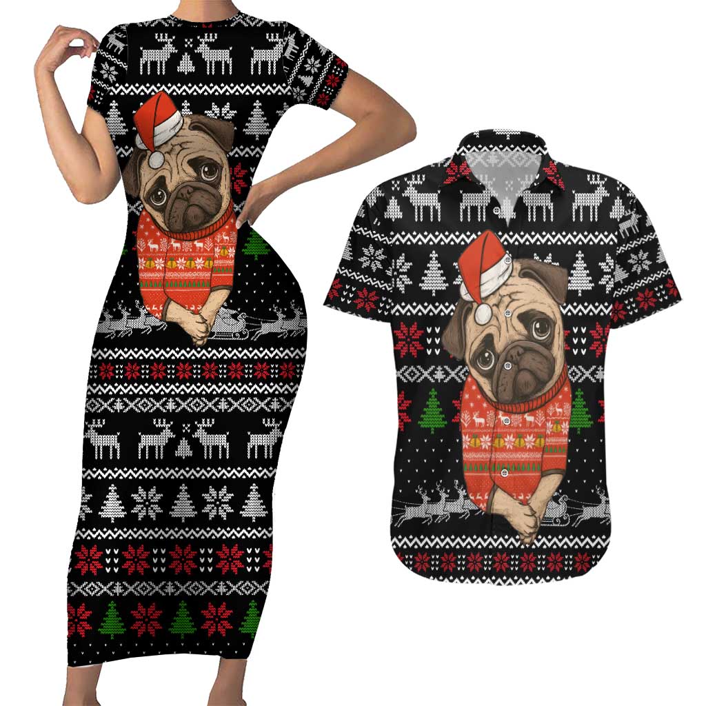 Lovely Pug Dog Christmas Couples Matching Short Sleeve Bodycon Dress and Hawaiian Shirt Xmas Holiday Patterns - Wonder Print Shop