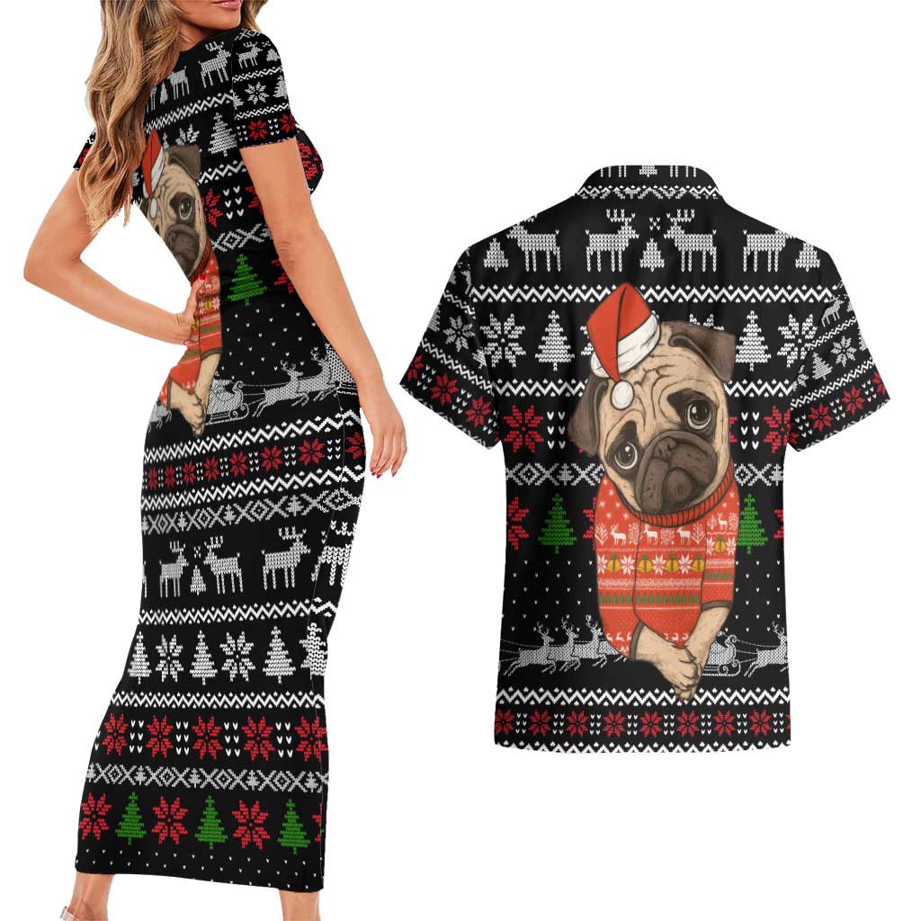 Lovely Pug Dog Christmas Couples Matching Short Sleeve Bodycon Dress and Hawaiian Shirt Xmas Holiday Patterns - Wonder Print Shop