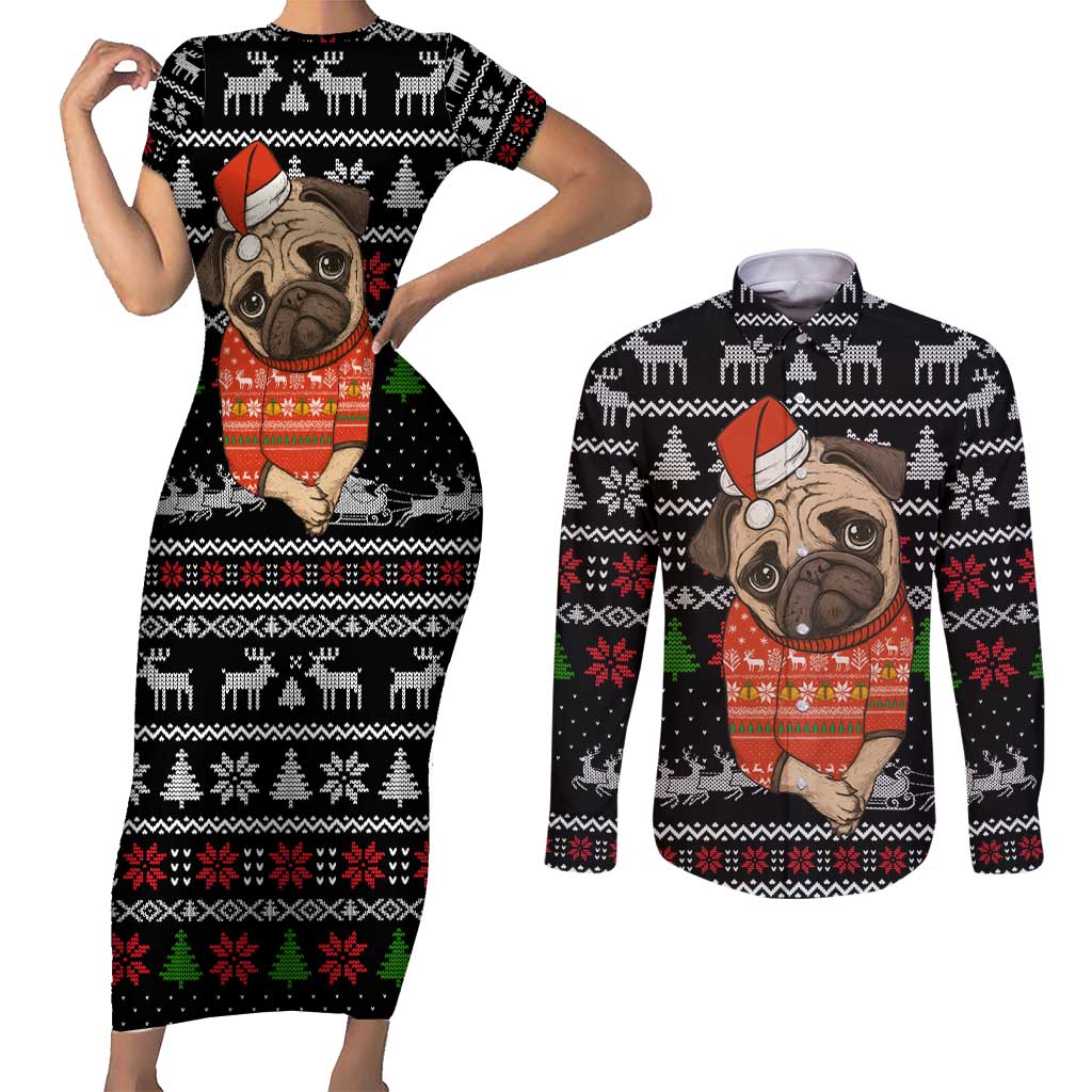Lovely Pug Dog Christmas Couples Matching Short Sleeve Bodycon Dress and Long Sleeve Button Shirt Xmas Holiday Patterns - Wonder Print Shop
