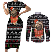 Lovely Pug Dog Christmas Couples Matching Short Sleeve Bodycon Dress and Long Sleeve Button Shirt Xmas Holiday Patterns - Wonder Print Shop
