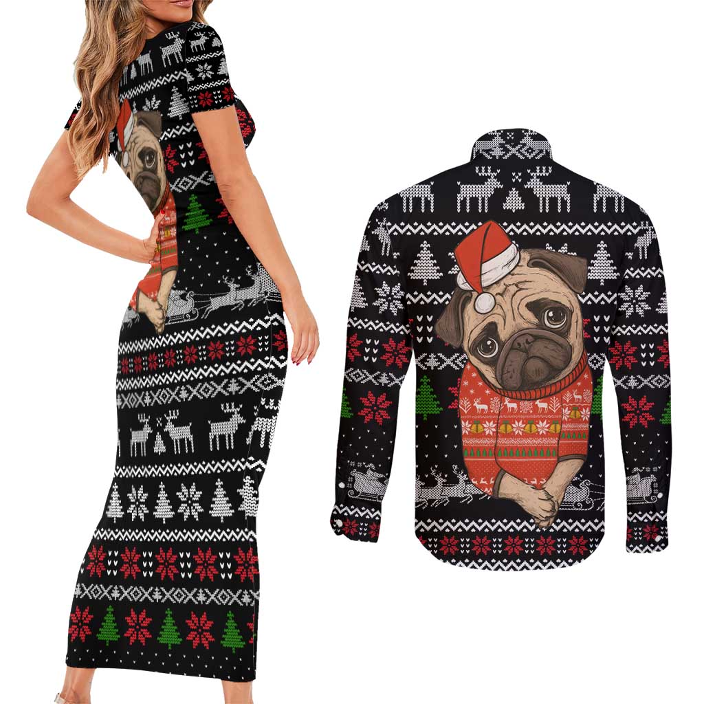 Lovely Pug Dog Christmas Couples Matching Short Sleeve Bodycon Dress and Long Sleeve Button Shirt Xmas Holiday Patterns - Wonder Print Shop