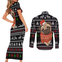 Lovely Pug Dog Christmas Couples Matching Short Sleeve Bodycon Dress and Long Sleeve Button Shirt Xmas Holiday Patterns - Wonder Print Shop