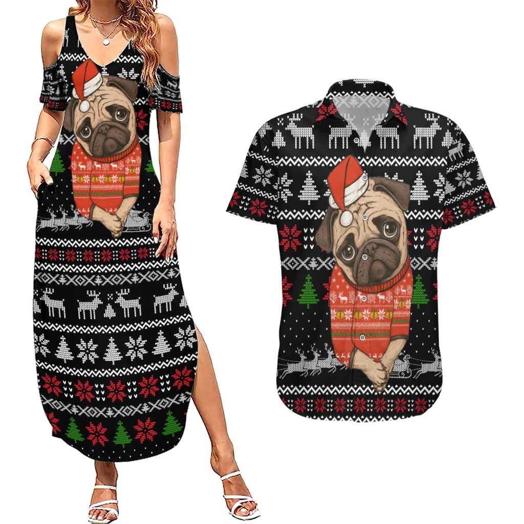 Lovely Pug Dog Christmas Couples Matching Summer Maxi Dress and Hawaiian Shirt Xmas Holiday Patterns - Wonder Print Shop