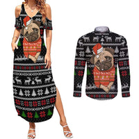 Lovely Pug Dog Christmas Couples Matching Summer Maxi Dress and Long Sleeve Button Shirt Xmas Holiday Patterns - Wonder Print Shop