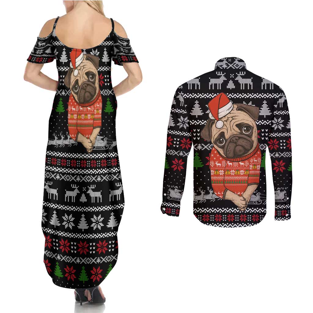 Lovely Pug Dog Christmas Couples Matching Summer Maxi Dress and Long Sleeve Button Shirt Xmas Holiday Patterns - Wonder Print Shop