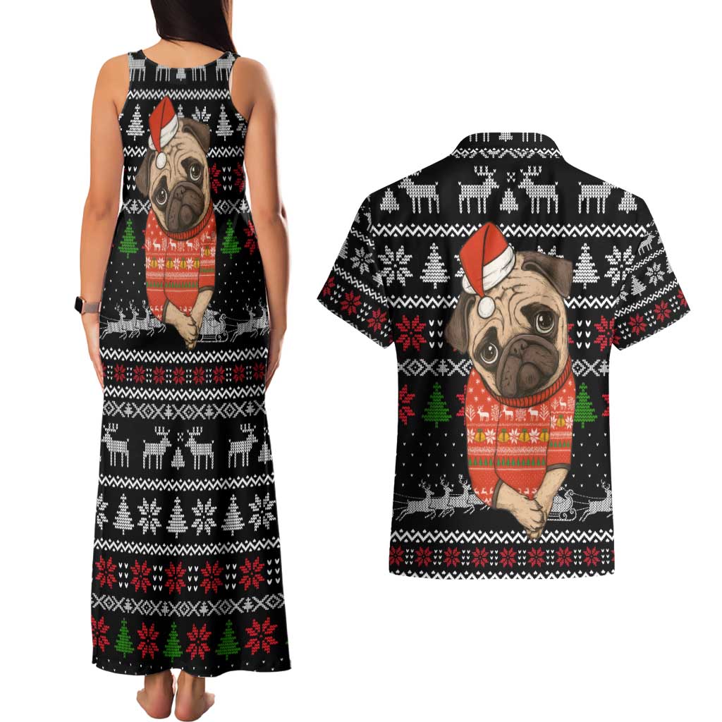 Lovely Pug Dog Christmas Couples Matching Tank Maxi Dress and Hawaiian Shirt Xmas Holiday Patterns - Wonder Print Shop