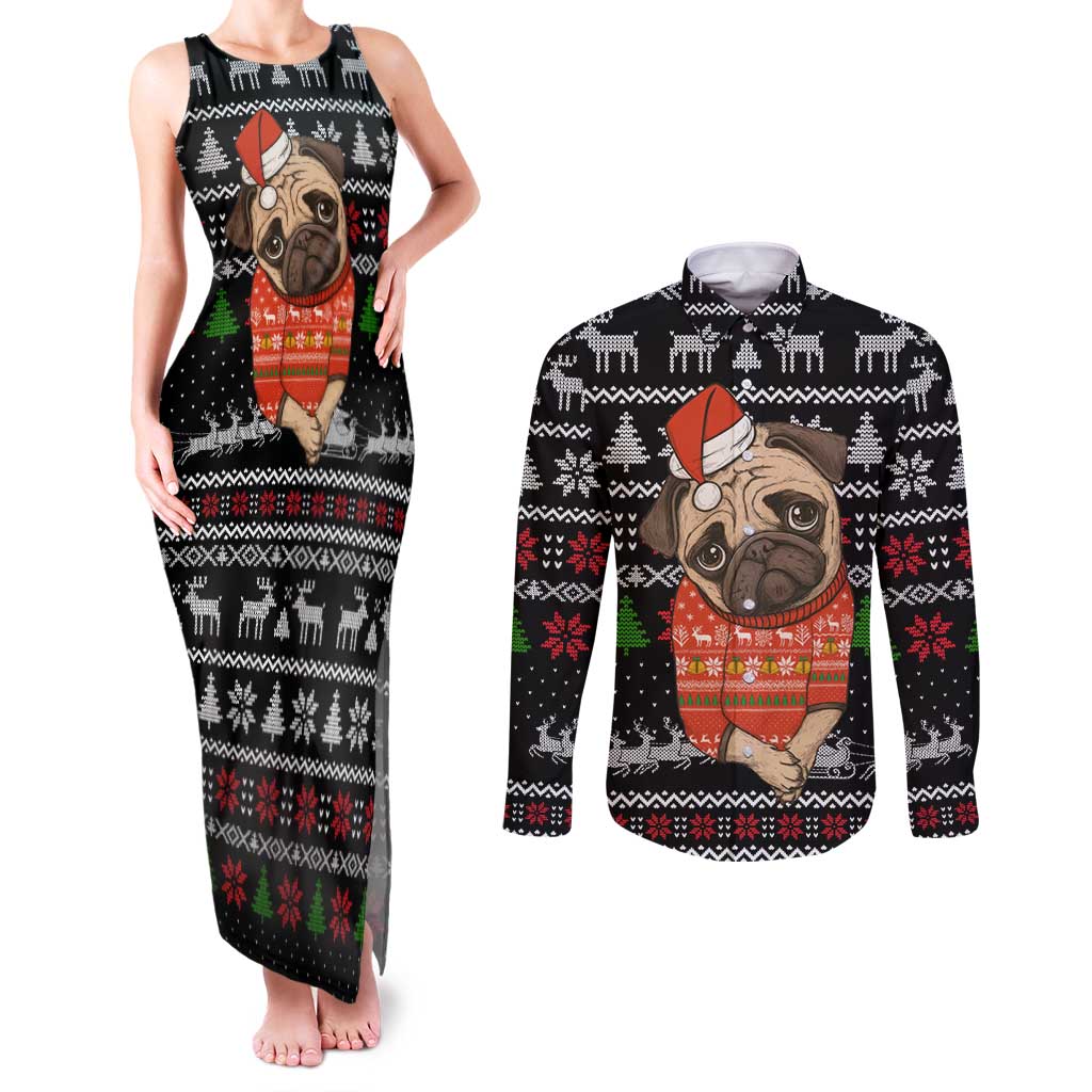Lovely Pug Dog Christmas Couples Matching Tank Maxi Dress and Long Sleeve Button Shirt Xmas Holiday Patterns - Wonder Print Shop