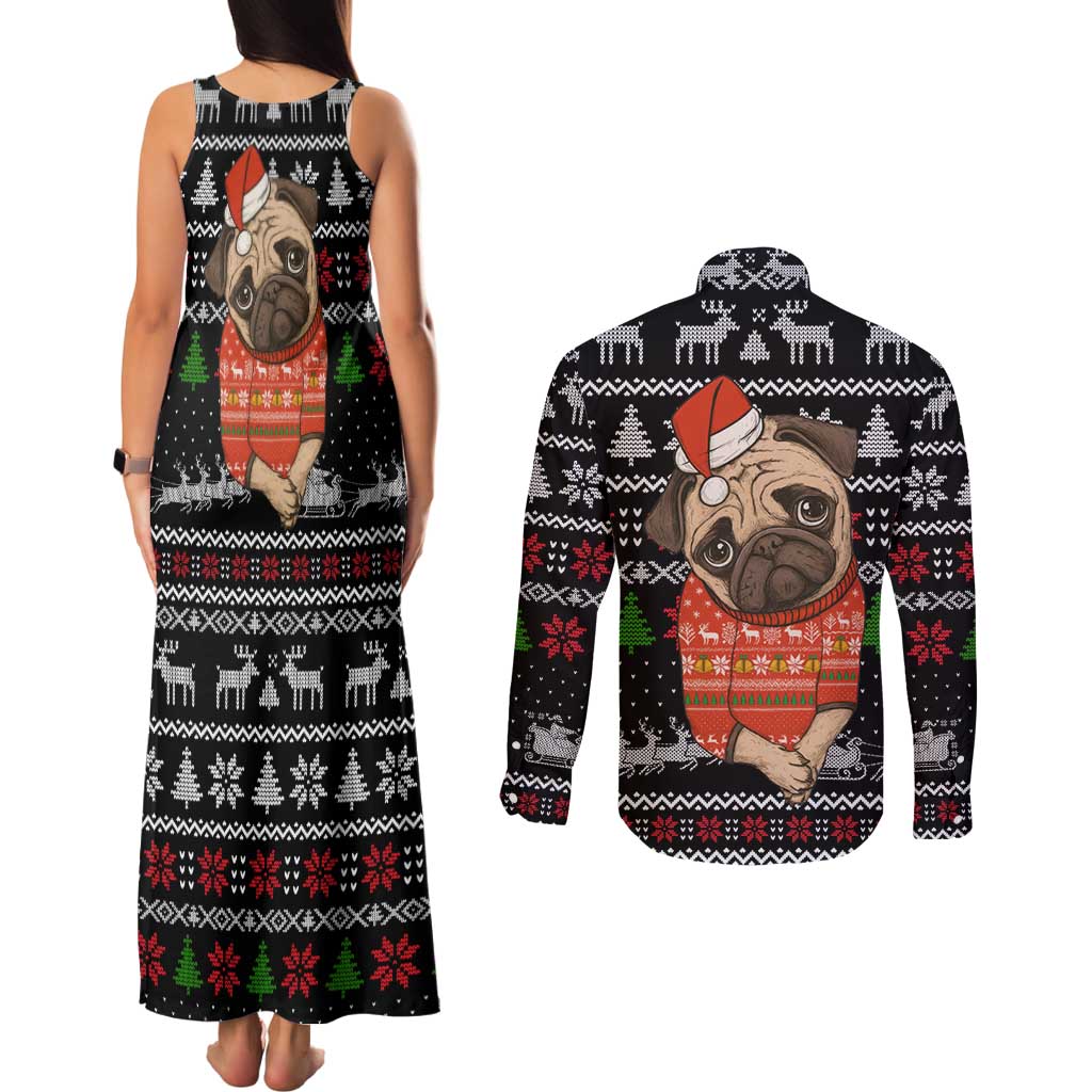 Lovely Pug Dog Christmas Couples Matching Tank Maxi Dress and Long Sleeve Button Shirt Xmas Holiday Patterns - Wonder Print Shop