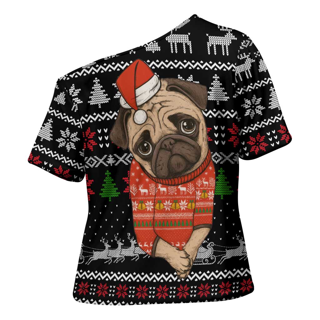 Lovely Pug Dog Christmas Cross Shoulder Shirt Xmas Holiday Patterns - Wonder Print Shop