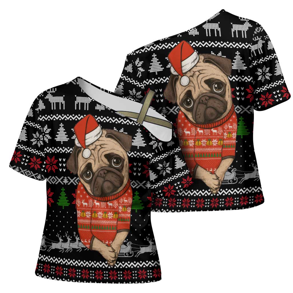 Lovely Pug Dog Christmas Cross Shoulder Shirt Xmas Holiday Patterns - Wonder Print Shop