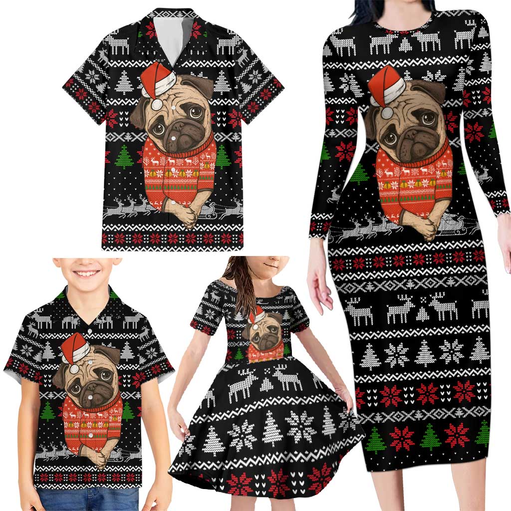 Lovely Pug Dog Christmas Family Matching Long Sleeve Bodycon Dress and Hawaiian Shirt Xmas Holiday Patterns - Wonder Print Shop