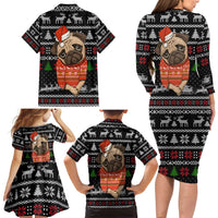Lovely Pug Dog Christmas Family Matching Long Sleeve Bodycon Dress and Hawaiian Shirt Xmas Holiday Patterns - Wonder Print Shop