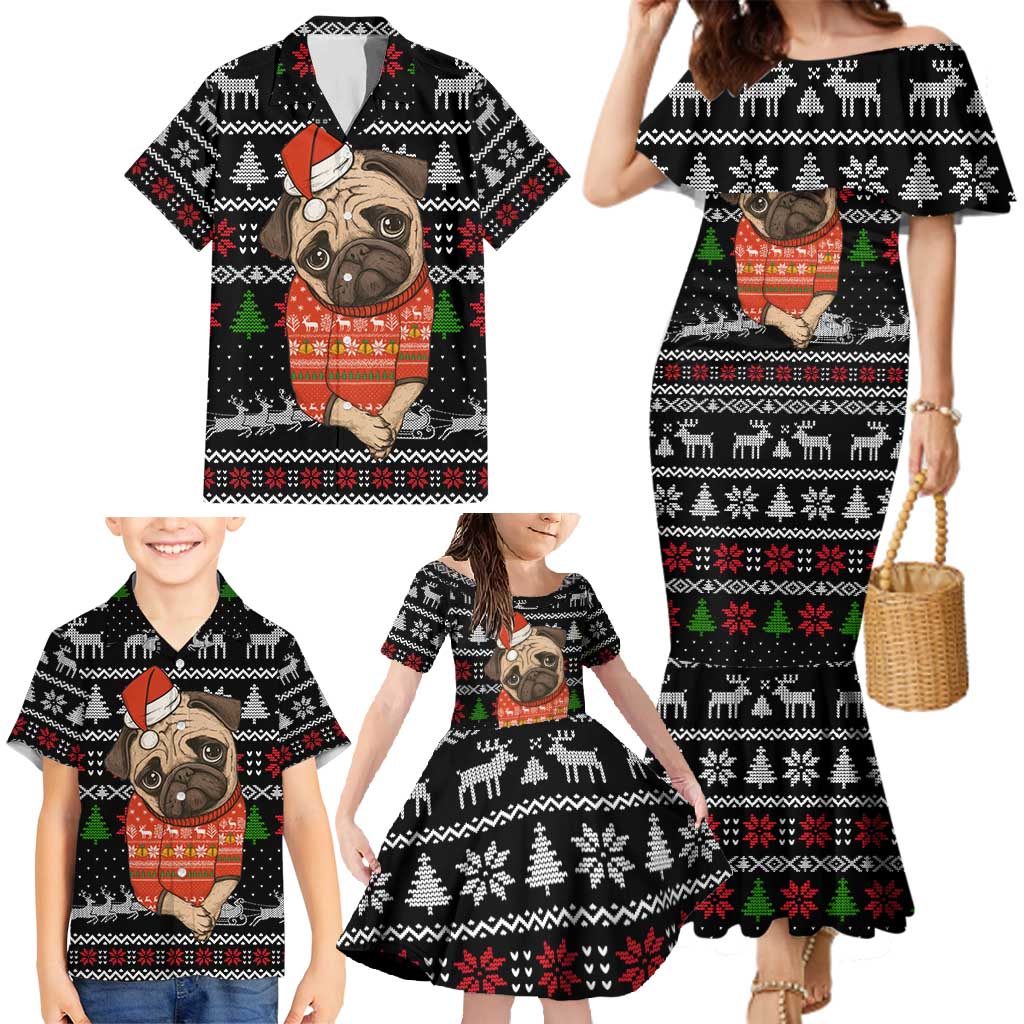 Lovely Pug Dog Christmas Family Matching Mermaid Dress and Hawaiian Shirt Xmas Holiday Patterns - Wonder Print Shop