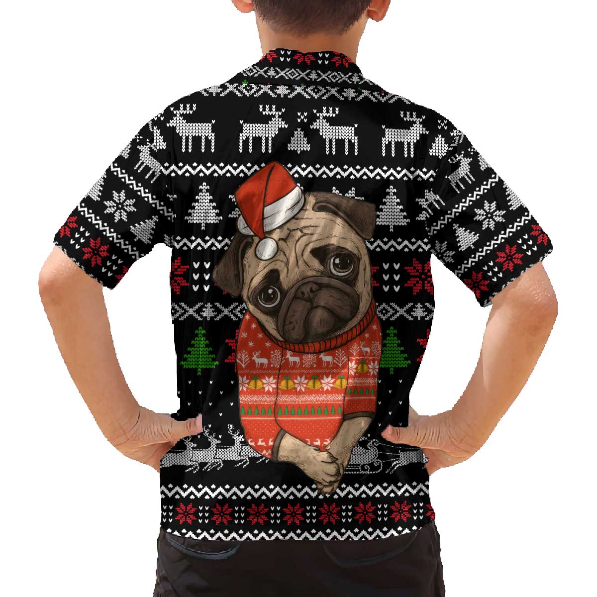 Lovely Pug Dog Christmas Family Matching Off The Shoulder Long Sleeve Dress and Hawaiian Shirt Xmas Holiday Patterns - Wonder Print Shop