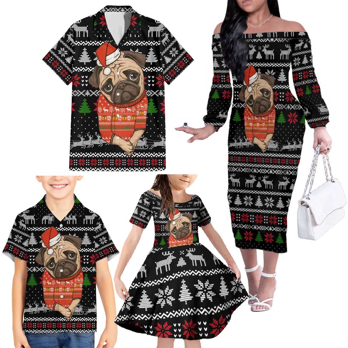 Lovely Pug Dog Christmas Family Matching Off The Shoulder Long Sleeve Dress and Hawaiian Shirt Xmas Holiday Patterns - Wonder Print Shop