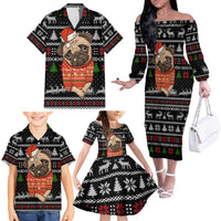 Lovely Pug Dog Christmas Family Matching Off The Shoulder Long Sleeve Dress and Hawaiian Shirt Xmas Holiday Patterns - Wonder Print Shop