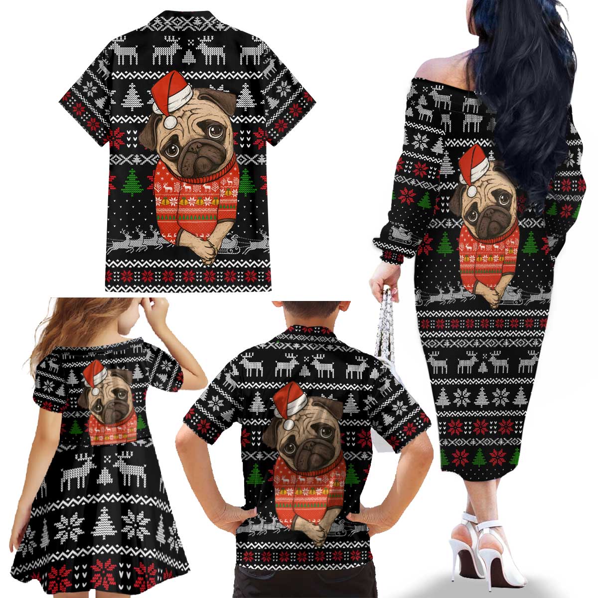 Lovely Pug Dog Christmas Family Matching Off The Shoulder Long Sleeve Dress and Hawaiian Shirt Xmas Holiday Patterns - Wonder Print Shop
