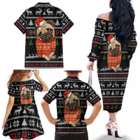 Lovely Pug Dog Christmas Family Matching Off The Shoulder Long Sleeve Dress and Hawaiian Shirt Xmas Holiday Patterns - Wonder Print Shop