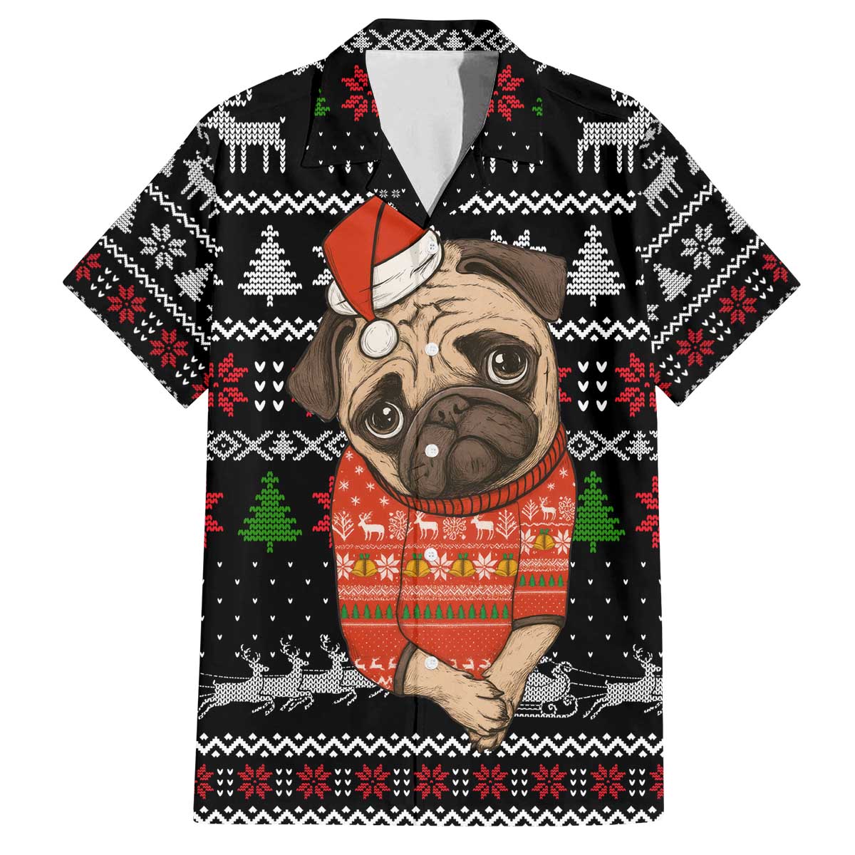 Lovely Pug Dog Christmas Family Matching Off The Shoulder Long Sleeve Dress and Hawaiian Shirt Xmas Holiday Patterns - Wonder Print Shop