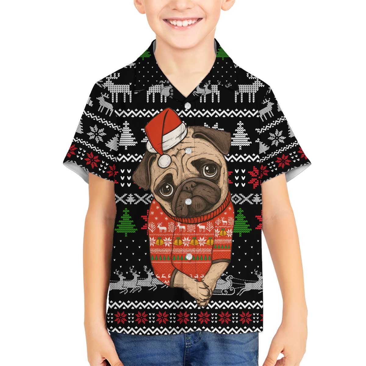Lovely Pug Dog Christmas Family Matching Off The Shoulder Long Sleeve Dress and Hawaiian Shirt Xmas Holiday Patterns - Wonder Print Shop
