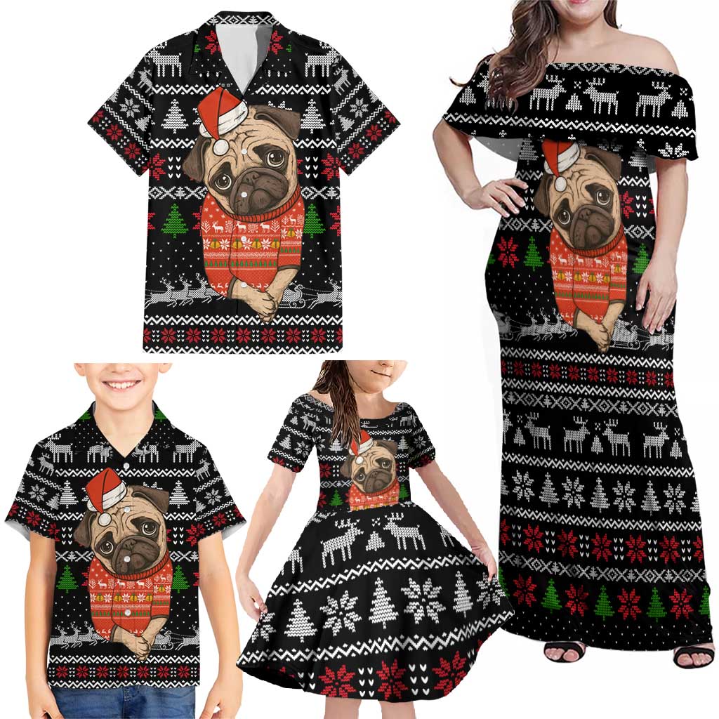 Lovely Pug Dog Christmas Family Matching Off Shoulder Maxi Dress and Hawaiian Shirt Xmas Holiday Patterns - Wonder Print Shop