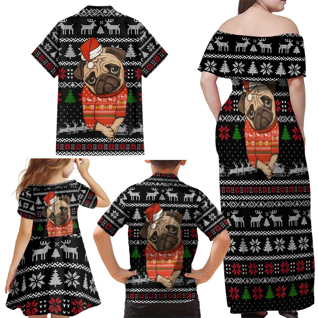 Lovely Pug Dog Christmas Family Matching Off Shoulder Maxi Dress and Hawaiian Shirt Xmas Holiday Patterns - Wonder Print Shop