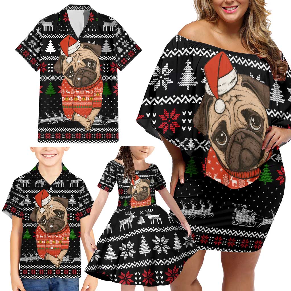 Lovely Pug Dog Christmas Family Matching Off Shoulder Short Dress and Hawaiian Shirt Xmas Holiday Patterns - Wonder Print Shop