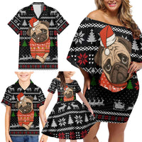 Lovely Pug Dog Christmas Family Matching Off Shoulder Short Dress and Hawaiian Shirt Xmas Holiday Patterns - Wonder Print Shop